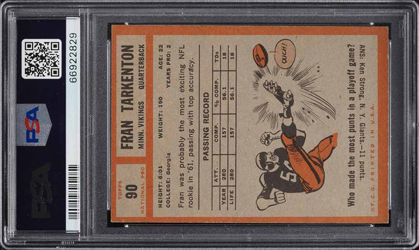 1962 Topps FB Card # 90 Fran Tarkenton Minnesota Vikings SP ROOKIE HOF PSA 5 EX (MGD2)