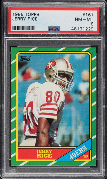 1986 Topps FB Card #161 Jerry Rice ROOKIE RC HOF PSA 8 NM-MT PWCC-E (MGD3)