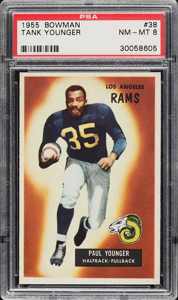 1955 Bowman FB Card # 38 Tank Younger Los Angeles Rams HOF PSA 8 NM-MT (MGD2)