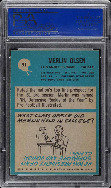 1964 Philadelphia FB Card # 91 Merlin Olsen ROOKIE RC HOF PSA 8 NM-MT (MGD2)