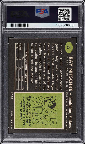 1969 Topps FB Card # 55 Ray Nitschke Green Bay Packers HOF PSA 8 NM-MT (MGD2)