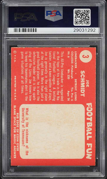 1958 Topps FB Card # 3 Joe Schmidt Detroit Lions HOF PSA 7 NRMT (MGD2)