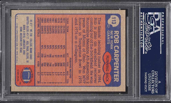 1985 Topps FB Card #113 Rob Carpenter New York Giants PSA 8 NM-MT (MGD2)