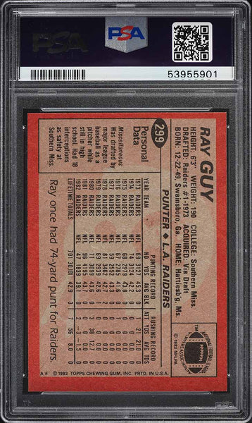 1983 Topps FB Card #299 Ray Guy Oakland Raiders HOF PSA 9 MINT (MGD2)