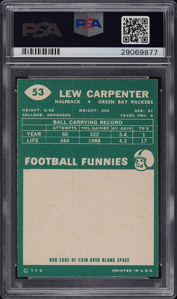 1960 Topps FB Card # 53 Lew Carpenter Green Bay Packers PSA 8 NM-MT (MGD2)