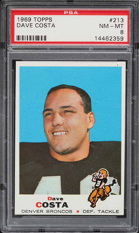 1969 Topps FB Card #213 Dave Costa Denver Broncos PSA 8 NM-MT (MGD2)