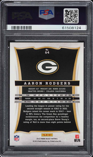 2013 Select FB Card # 64 Aaron Rodgers Green Bay Packers PSA 10 GEM MINT (MGD2)