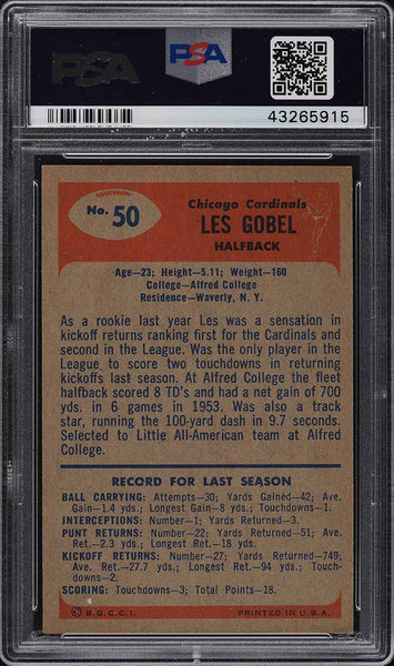 1955 Bowman FB Card # 50 Les Gobel Chicago Cardinals ROOKIE RC PSA 8 NM-MT (MGD2)