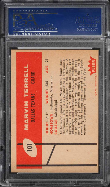 1960 Fleer FB Card #101 Marvin Terrell Dallas Texans ROOKIE RC PSA 8 NM-MT (MGD2)