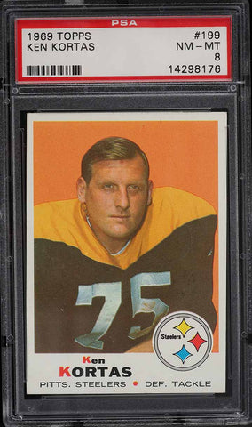 1969 Topps FB Card #199 Ken Kortas Pittsburgh Steelers ROOKIE RC PSA 8 NM-MT (MGD2)