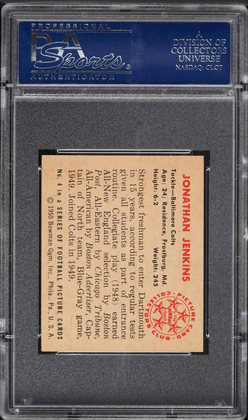 1950 Bowman FB Card # 4 Jonathan Jenkins Baltimore Colts PSA 7 NRMT (MGD2)