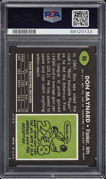 1969 Topps FB Card # 60 Don Maynard New York Jets HOF PSA 7 NRMT (MGD2)