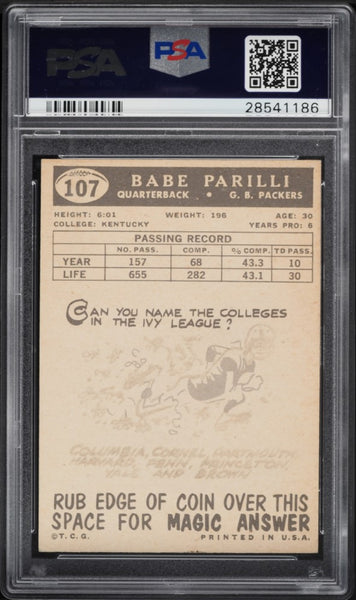 1959 Topps FB Card #107 Babe Parilli Green Bay Packers HOF PSA 8 NM-MT (MGD2)