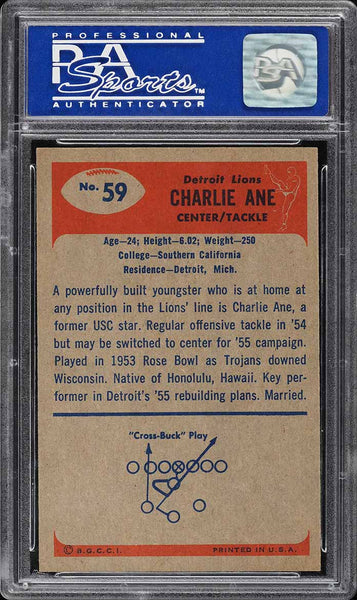 1955 Bowman FB Card # 59 Charlie Ane Detroit Lions ROOKIE RC PSA 8 NM-MT (MGD2)