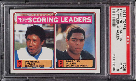 1983 Topps FB Card #205 Marcus Allen LA Raiders HOF ROOKIE SCORING LDRS PSA 9 (MGD2)