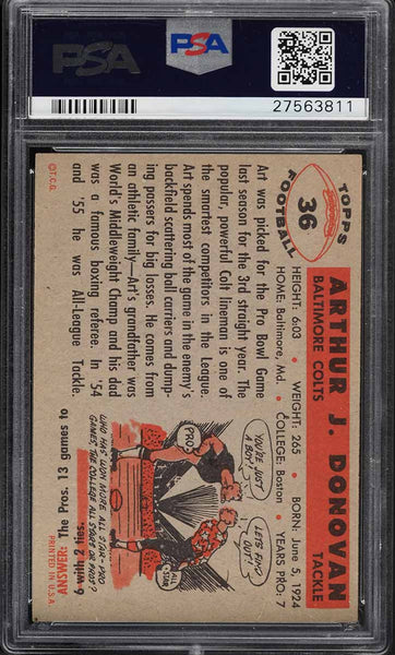 1956 Topps FB Card # 36 Art Donovan Baltimore Colts HOF PSA 8 NM-MT (MGD2)