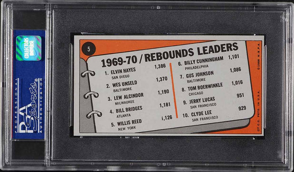 1970 Topps Bkb Card # 5 Hayes Wes Unseld Lew Alcindor REBOUND LDRS PSA 8 NM-MT (MGD2)