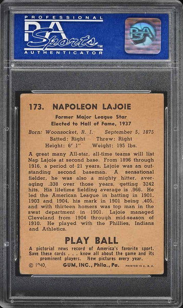 1940 Play Ball BB Card #173 Nap Lajoie Philadelphia Phillies HOF PSA 4 VGEX (MGD2)