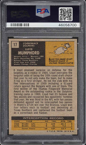 1971 Topps FB Card # 17 Lloyd Mumphord Miami Dolphins ROOKIE RC PSA 8 NM-MT (MGD2)