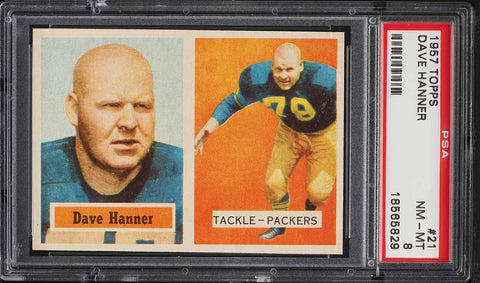 1957 Topps FB Card # 21 Dave Hanner Green Bay Packers HOF PSA 8 NM-MT (MGD2)