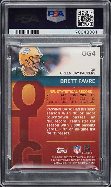 2002 Topps FB Card #OG4 Brett Favre HOF OWN THE GAME PSA 10 GEM MINT (MGD2)