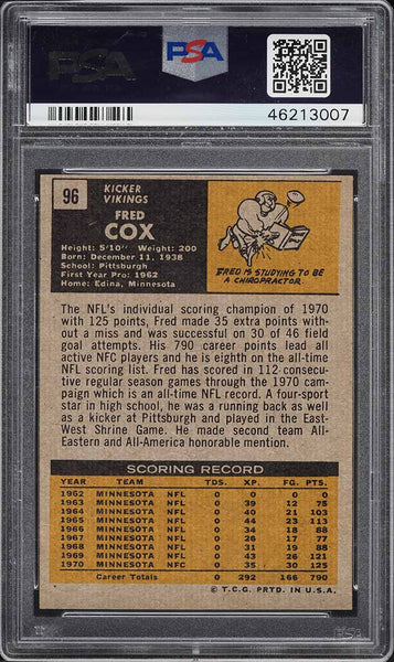 1971 Topps FB Card # 96 Fred Cox Minnesota Vikings ALL-STAR PSA 8 NM-MT (MGD2)