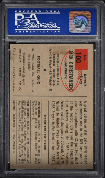 1954 Bowman FB Card #100 Jack Christiansen HOF PSA 8 NM-MT (MGD2)