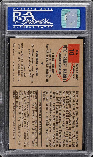 1954 Bowman FB Card # 10 Vito Babe Parilli Green Bay Packers HOF PSA 8 NM-MT (MGD2)