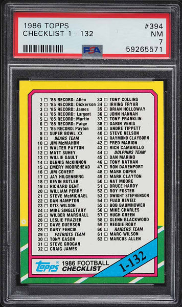 1986 Topps FB Card #394 Checklist 1-132 PSA 7 NRMT (MGD2)