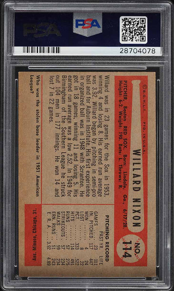 1954 Bowman BB Card #114 Willard Nixon Boston Red Sox PSA 7 NRMT (MGD2)