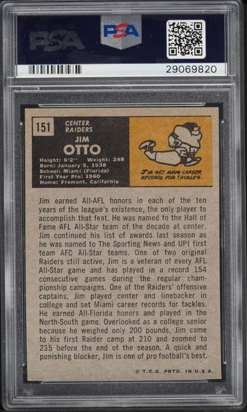 1971 Topps FB Card #151 Jim Otto Oakland Raiders HOF ALL-STAR PSA 8 NM-MT (MGD2)