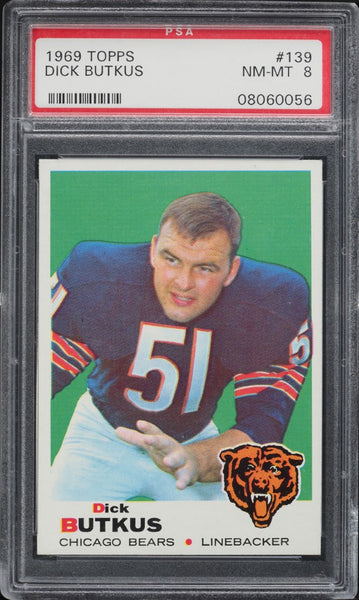 1969 Topps FB Card #139 Dick Butkus Chicago Bears HOF PSA 8 NM-MT (MGD2)