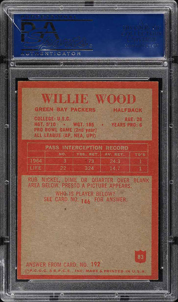 1965 Philadelphia FB Card # 83 Willie Wood Green Bay Packers HOF PSA 8 NM-MT (MGD2)