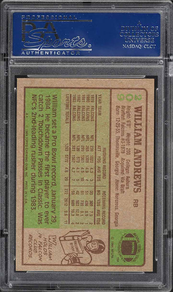 1984 Topps FB Card #209 William Andrews Atlanta Falcons HOF PRO-BOWL PSA 9 MINT (MGD2)