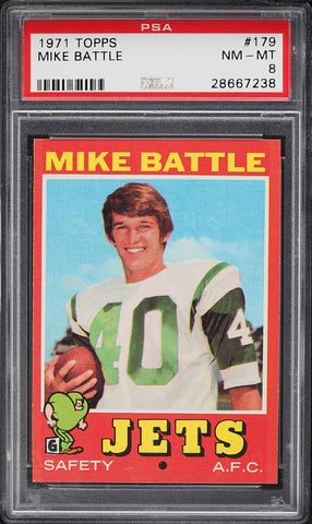 1971 Topps FB Card #179 Mike Battle New York Jets ROOKIE RC PSA 8 NM-MT (MGD2)