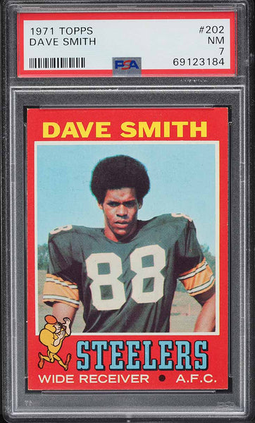 1971 Topps FB Card #202 Dave Smith Pittsburgh Steelers ROOKIE RC PSA 7 NRMT (MGD2)