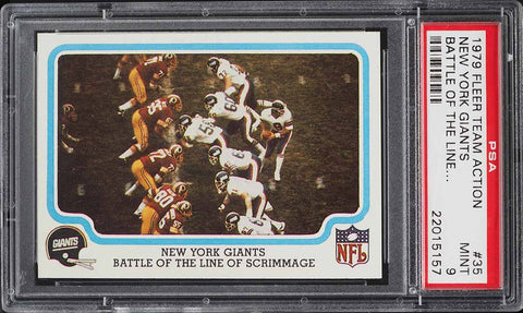 1979 Fleer Teams in Action FB Card # 35 New York Giants BATTLE OF THE LINE PSA 9 (MGD2)