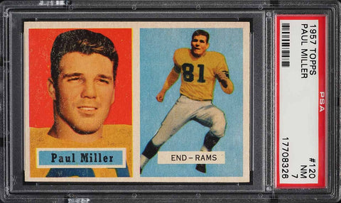 1957 Topps FB Card #120 Paul Miller Los Angeles Rams ROOKIE RC PSA 7 NRMT (MGD2)