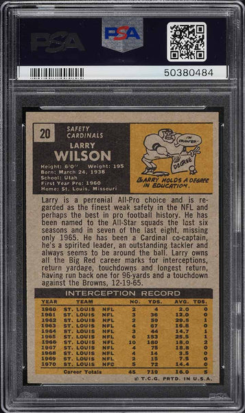 1971 Topps FB Card # 20 Larry Wilson St. Louis Cardinals HOF PSA 7 NRMT (MGD2)