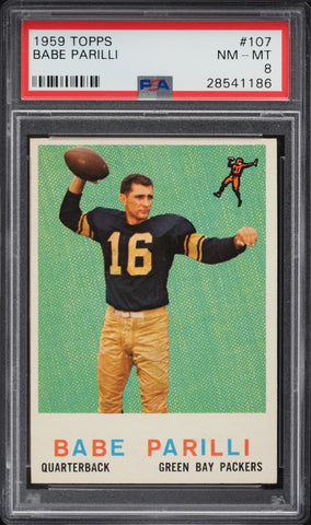 1959 Topps FB Card #107 Babe Parilli Green Bay Packers HOF PSA 8 NM-MT (MGD2)