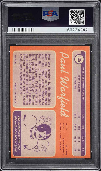 1970 Topps FB Card #135 Paul Warfield Miami Dolphins HOF PSA 7 NRMT (MGD2)