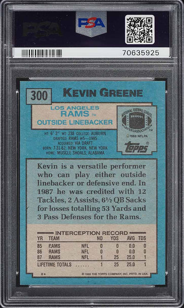 1988 Topps FB Card #300 Kevin Greene Los Angeles Rams ROOKIE RC HOF PSA 8 NM-MT (MGD2)