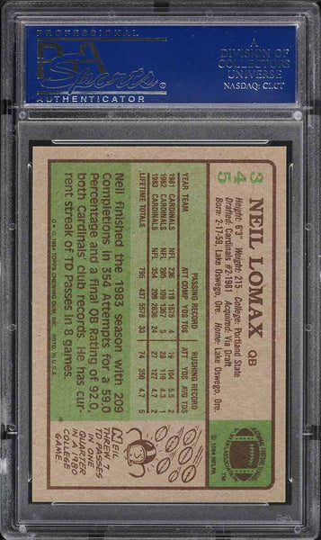 1984 Topps FB Card #345 Neil Lomax St. Louis Cardinals HOF PSA 9 MINT (MGD2)