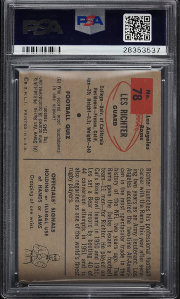 1954 Bowman FB Card # 78 Les Richter HOF PSA 8 NM-MT (MGD2)