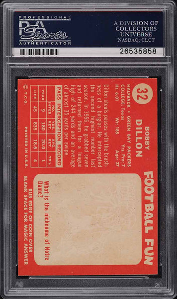 1958 Topps FB Card # 32 Bobby Dillon Green Bay Packers HOF PSA 8 NM-MT (MGD2)