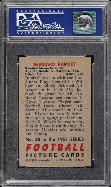 1951 Bowman FB Card # 28 Buster Ramsey Chicago Cardinals HOF PSA 8 NM-MT (MGD2)