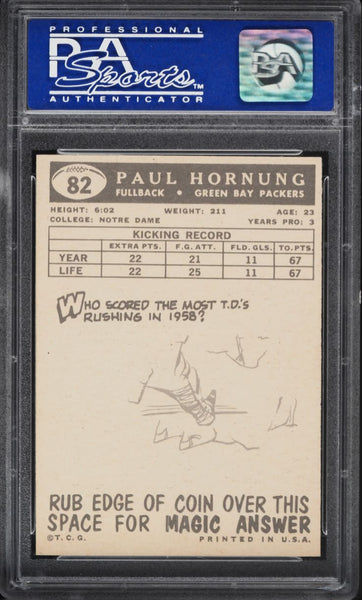 1959 Topps FB Card # 82 Paul Hornung Green Bay Packers HOF PSA 8 NM-MT (MGD2)