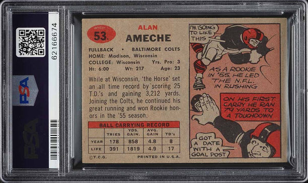 1957 Topps FB Card # 53 Alan Ameche Baltimore Colts HOF PSA 8 NM-MT (MGD2)