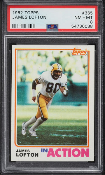 1982 Topps FB Card #365 James Lofton IN ACTION HOF PSA 8 NM-MT (MGD2)