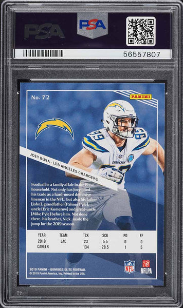 2019 Donruss Elite FB Card # 72 Joey Bosa San Diego Chargers PSA 10 GEM MINT (MGD2)